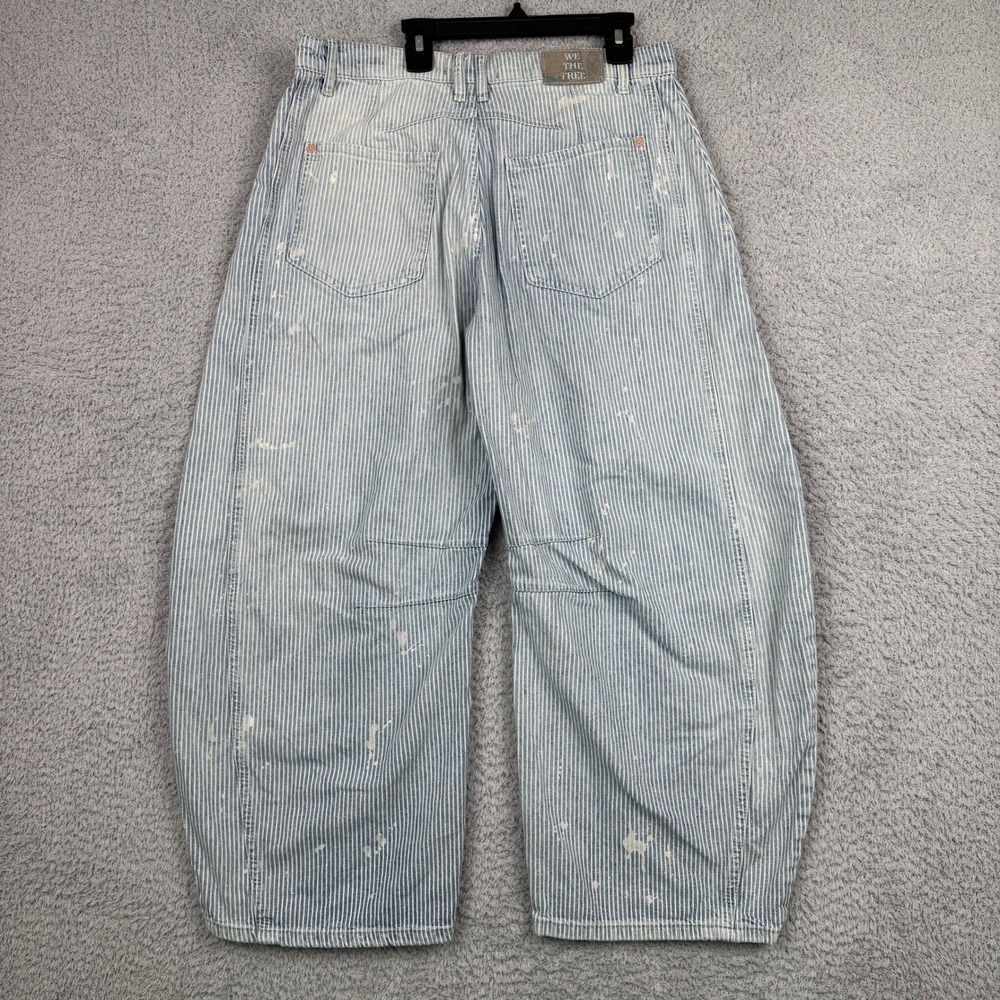 We The Free Barrel Jeans Womens 30 Blue Hickory Stripe Paint Splatter Boho